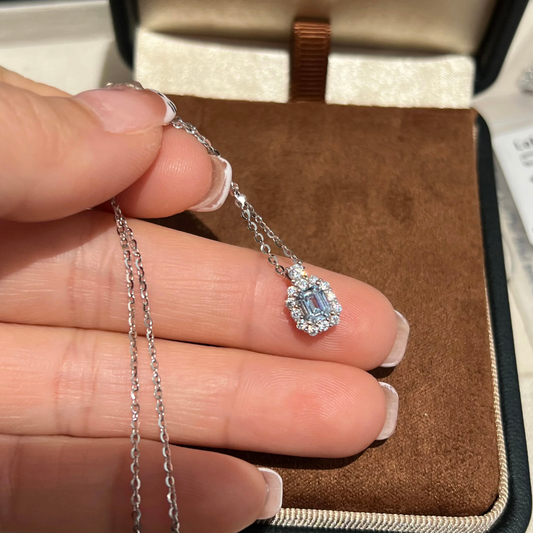 Lab-Grown Aquamarine Moissanite Necklace 925 Sterling Silver Halo Pendant